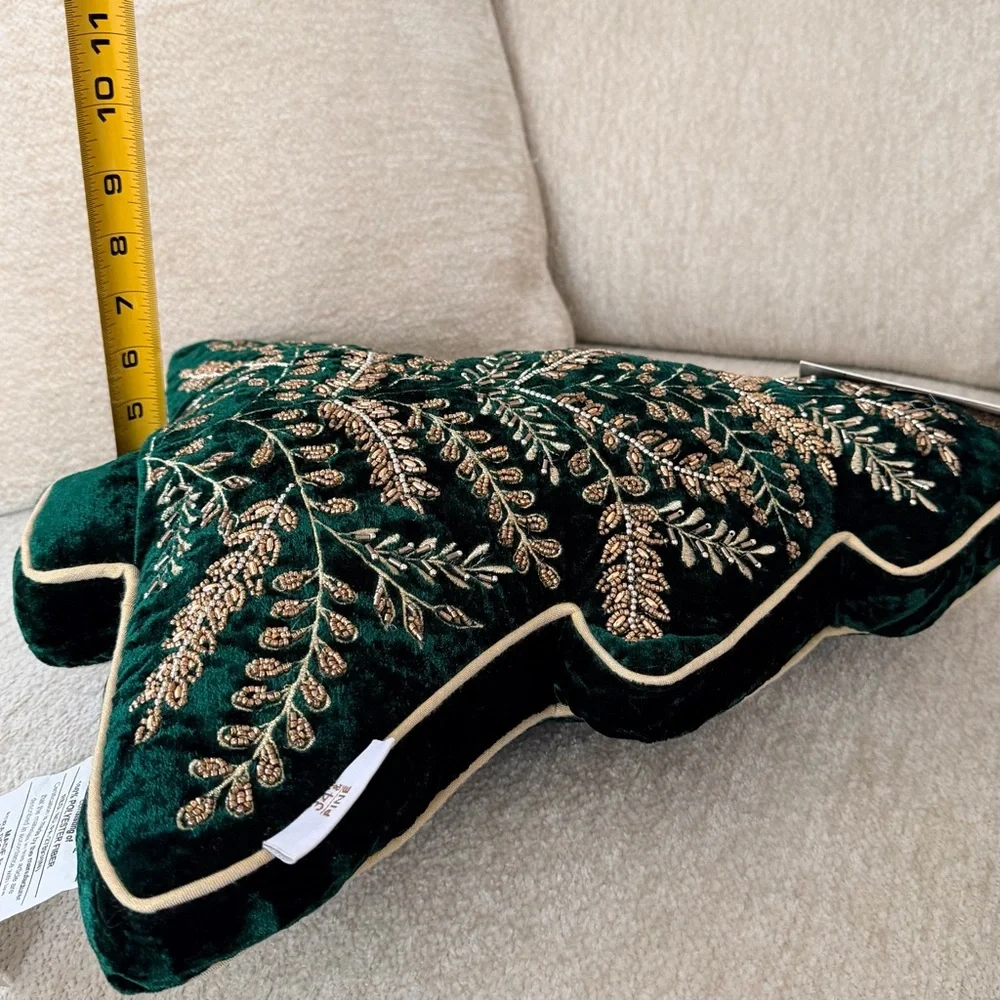 34th & Pine Elegant Embroidered Green Velvet Tree Pillow with Gold Accents